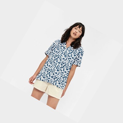 White / Blue Aigle Short-sleeved Printed Blouse Women's Shirts | WDL320817